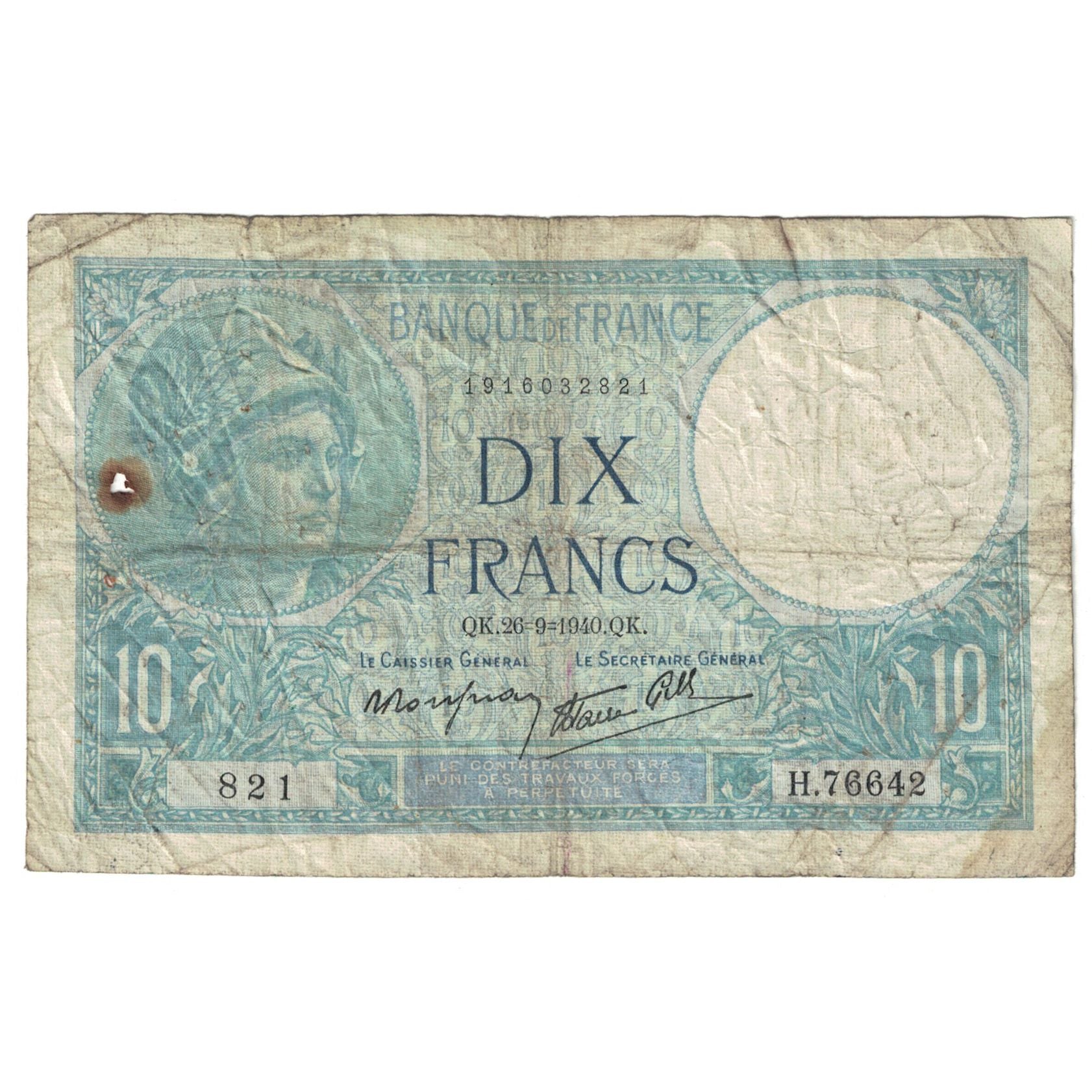 Frankreich, 10 Francs, Minerve, 1940, 1940-09-26, S, Fayette:07.15, KM:84
