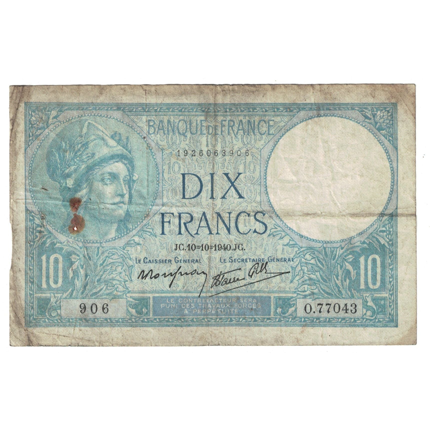 Francia, 10 Francs, Minerve, 1940, 1940-10-10, MB, Fayette:07.16, KM:84
