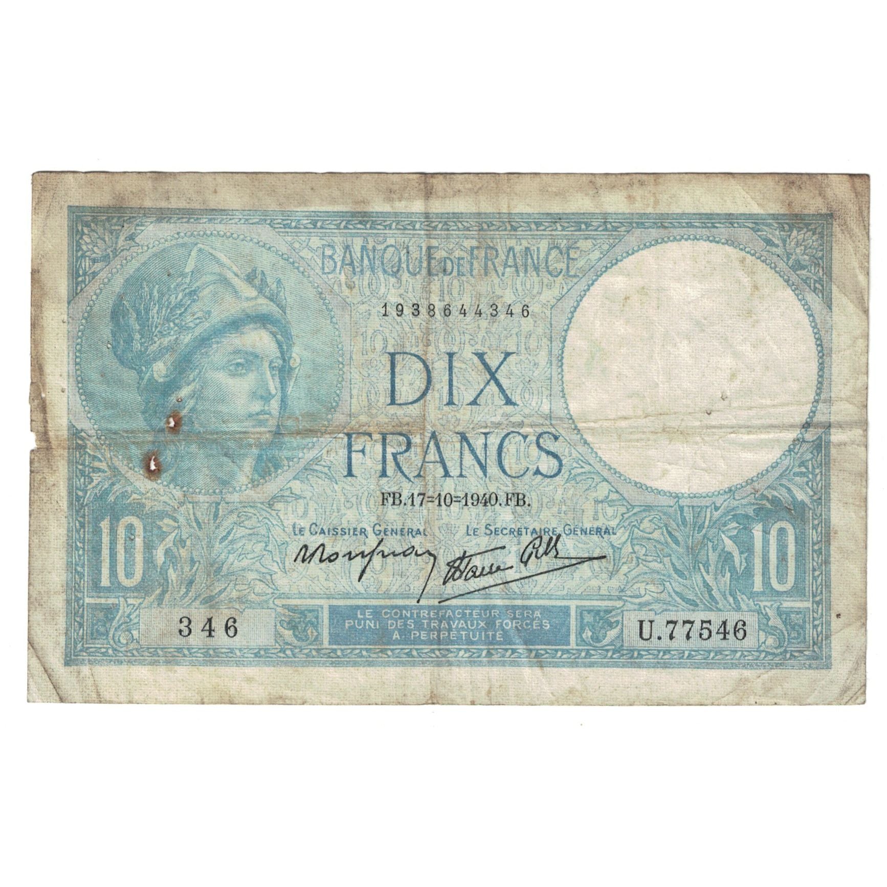 France, 10 Francs, Minerve, 1940, 1940-10-17, VF(20-25), Fayette:07.17, KM:84