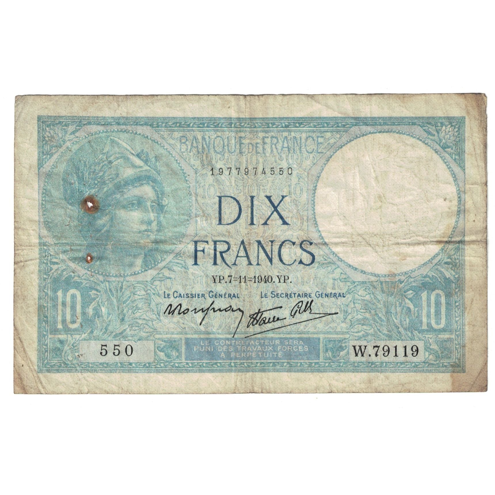 Francia, 10 Francs, Minerve, 1940, 1940-11-07, MB, Fayette:07.19, KM:84