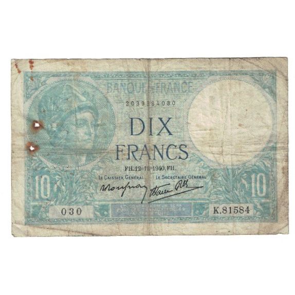 France, 10 Francs, Minerve, 1940, 1940-12-12, TB, Fayette:07.24, KM:84