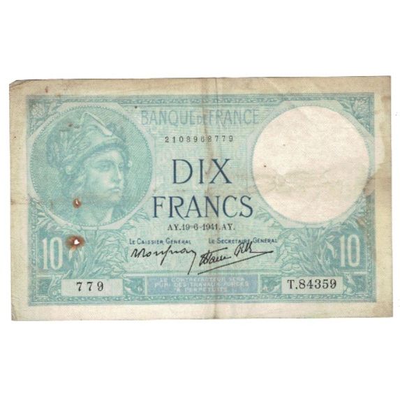 France, 10 Francs, Minerve, 1940, 1940-12-12, TB+, Fayette:07.29, KM:84
