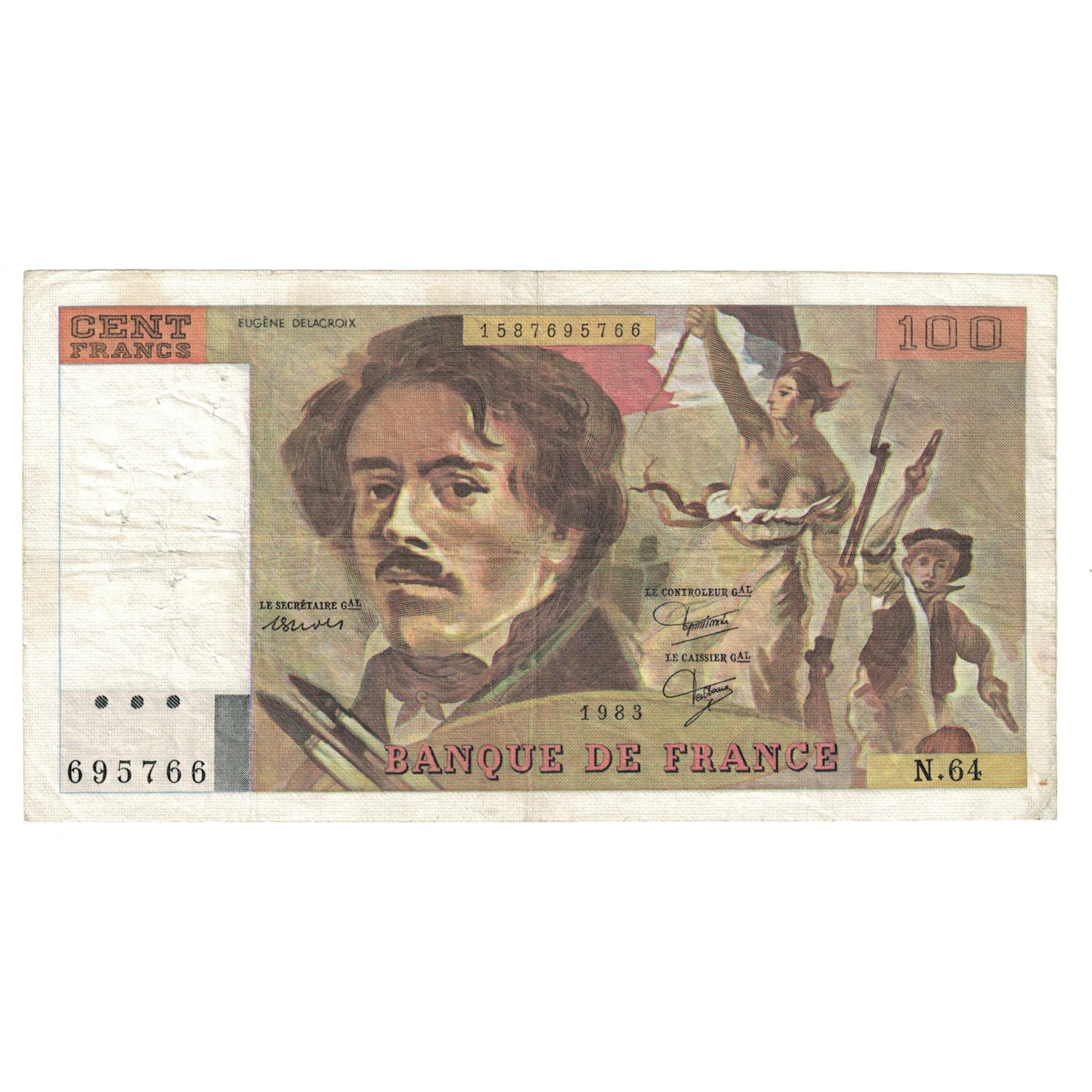 France, 100 Francs, Delacroix, 1983, VF(30-35), Fayette:69.07, KM:154b