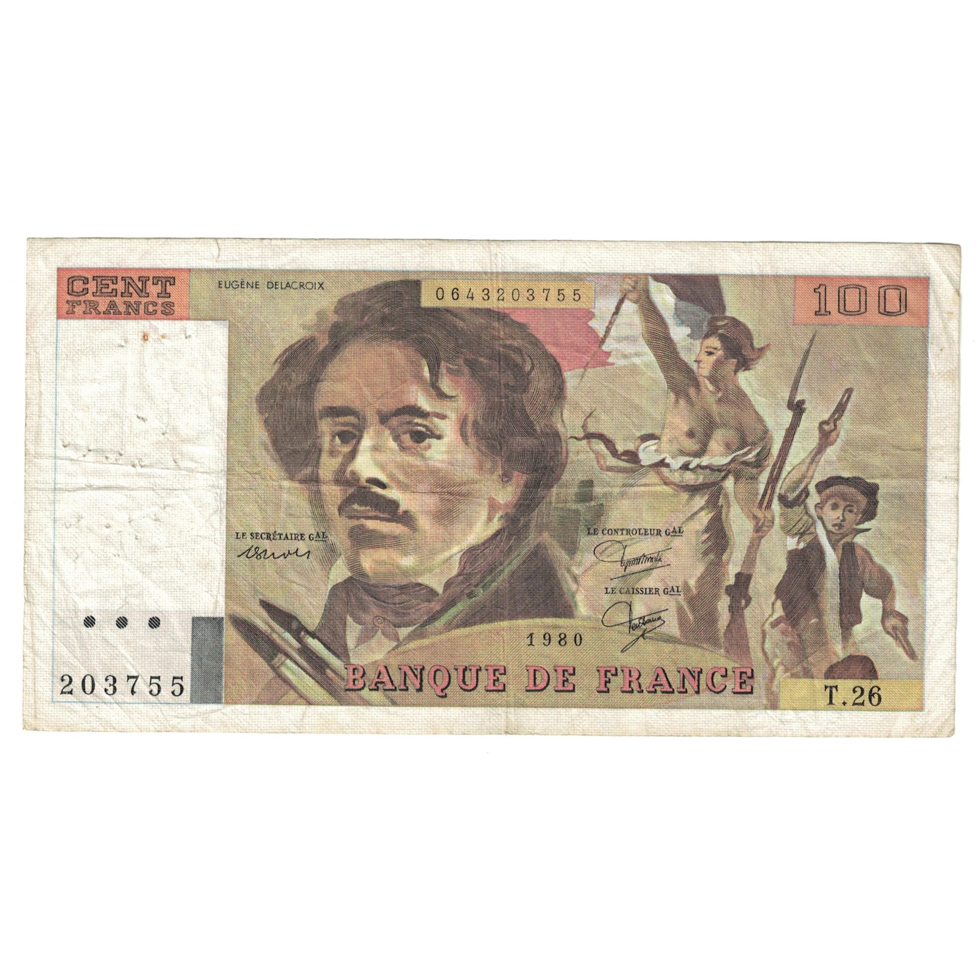 Francia, 100 Francs, Delacroix, 1980, 1980, MB, Fayette:69.04a, KM:154b