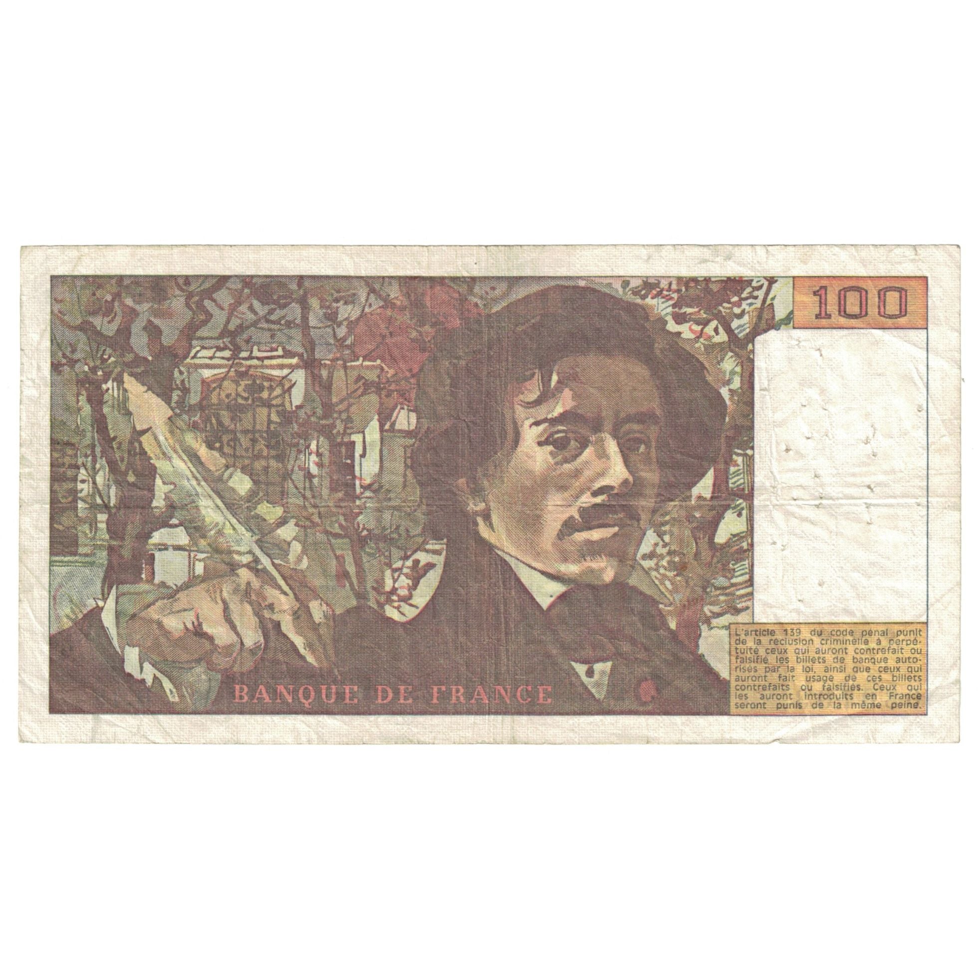 France, 100 Francs, Delacroix, 1979, VF(30-35), Fayette:69.02C, KM:154a
