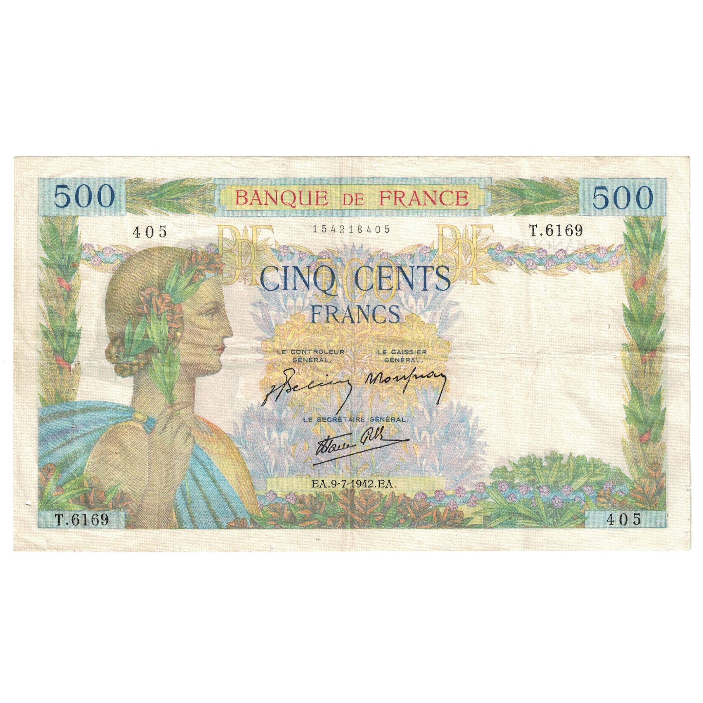 France, 500 Francs, La Paix, 1942, T.6169, TTB, Fayette:32.36, KM:95b