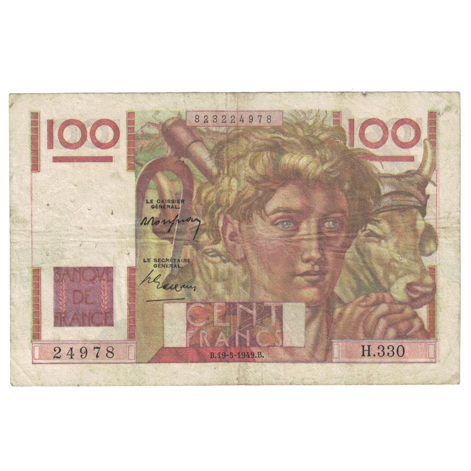 France, 100 Francs, Jeune Paysan, 1949, H.330, EF(40-45), Fayette:28.17, KM:128b