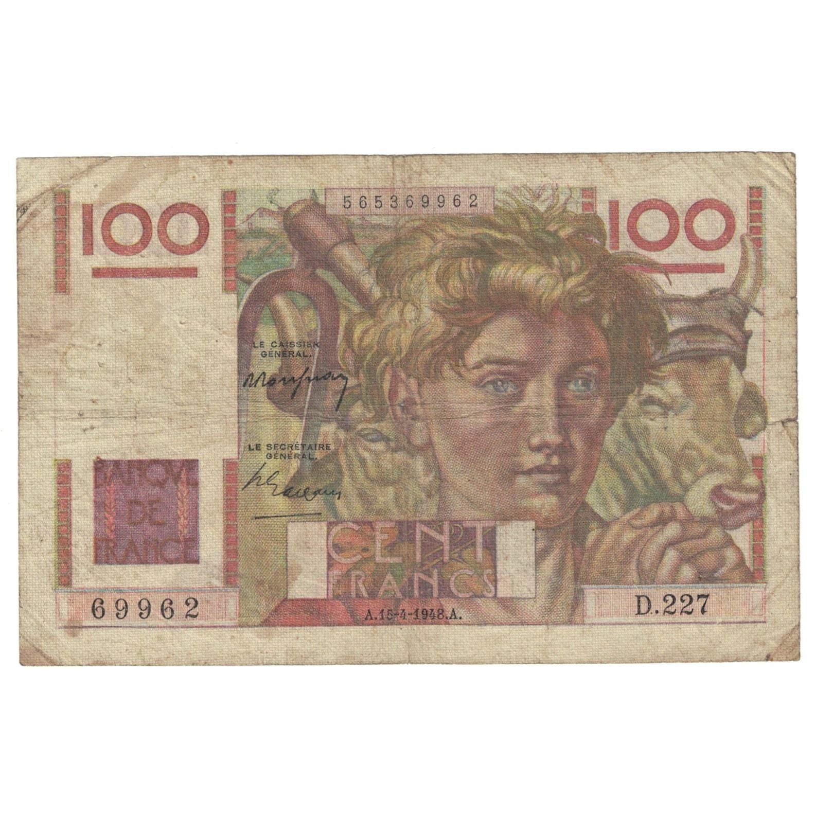 France, 100 Francs, Jeune Paysan, 1948, D.227, TB, Fayette:28.17, KM:128b