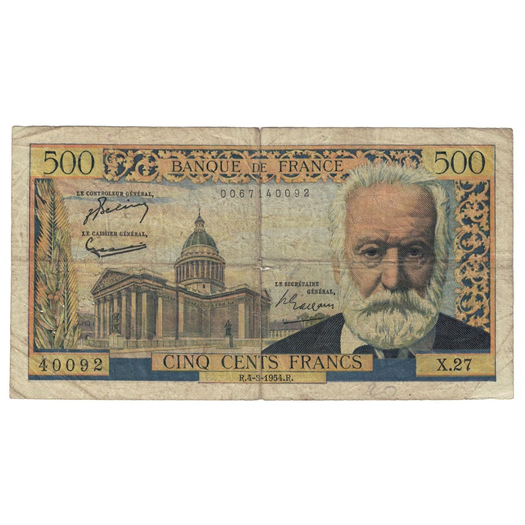 França, 500 Francs, Victor Hugo, 1954, X.27, F(12-15), Fayette:35.2, KM:133a