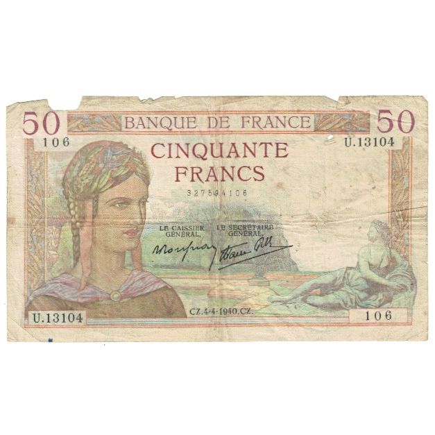 France, 50 Francs, Cérès, 1940, U.13104, AB, Fayette:18.42, KM:85b