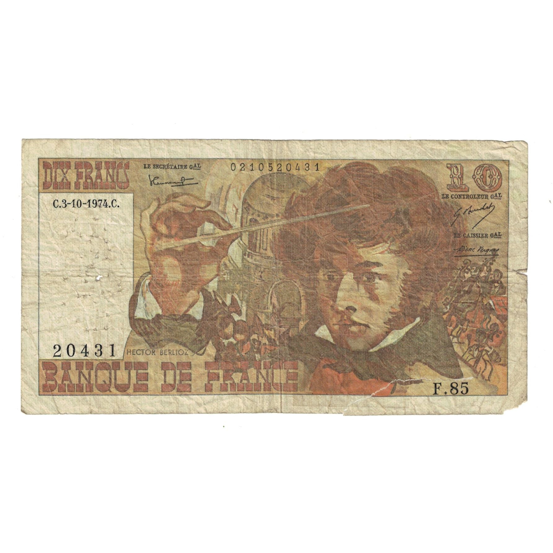 França, 10 Francs, Berlioz, 1974, F.85, AG(1-3), Fayette:63.7a, KM:150a