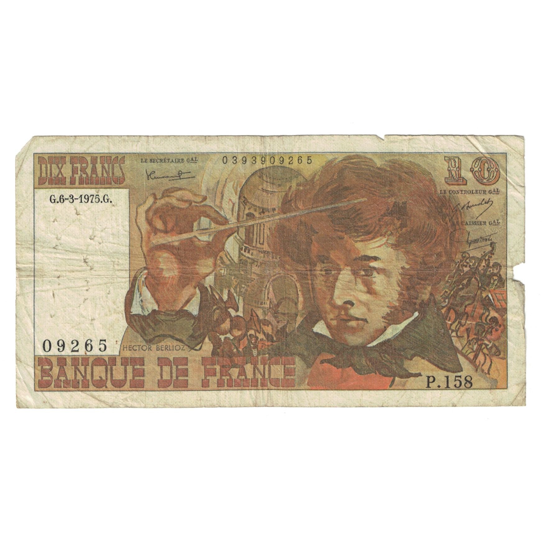 Francia, 10 Francs, Berlioz, 1975, P.158, D, Fayette:63.9, KM:150b