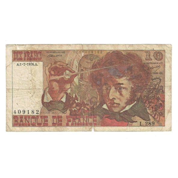 França, 10 Francs, Berlioz, 1976, L.289, AG(1-3), Fayette:63.19, KM:150c