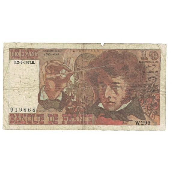 França, 10 Francs, Berlioz, 1977, W.299, AG(1-3), Fayette:63.22, KM:150c