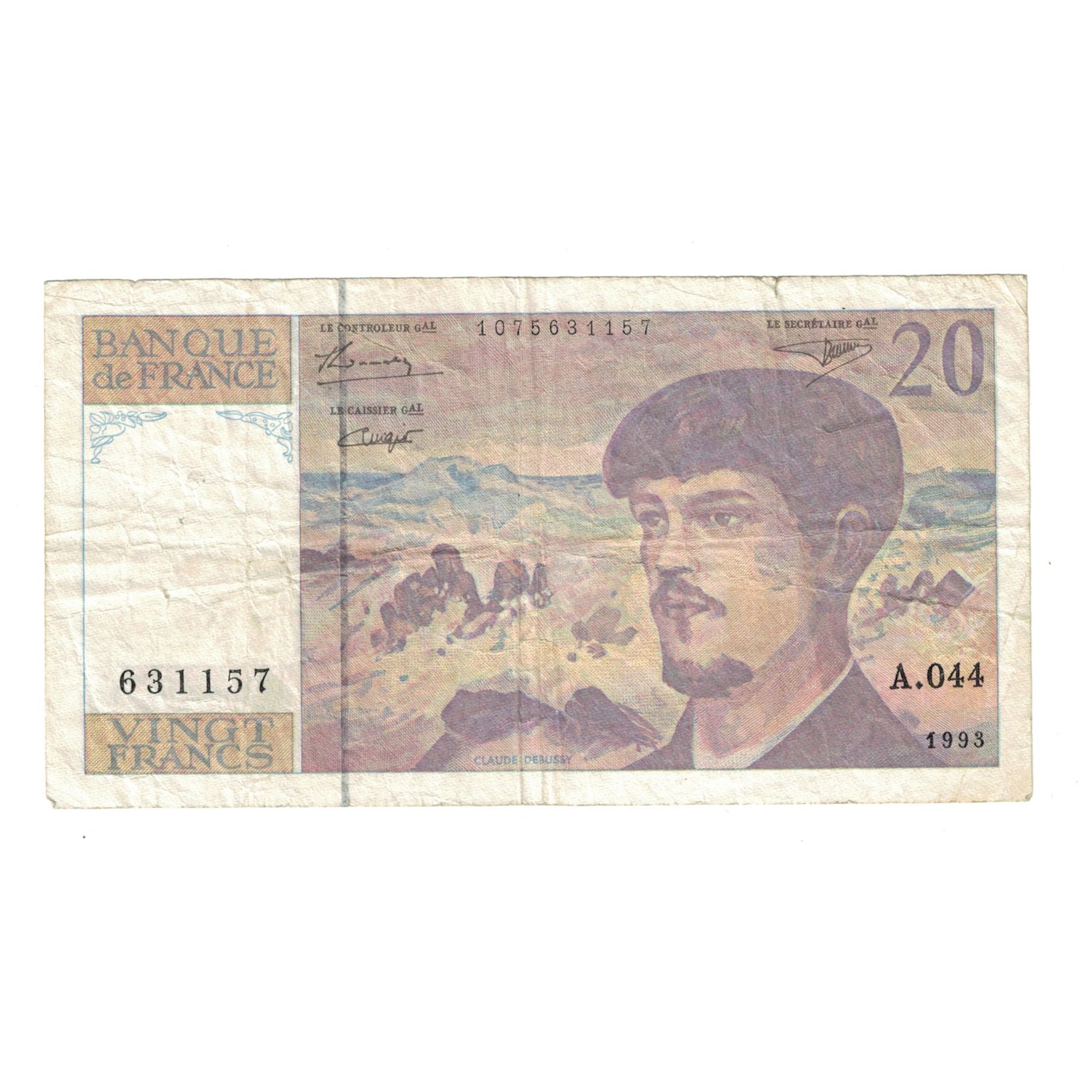 France, 20 Francs, Debussy, 1993, A.044, VF(20-25), Fayette:F.66bis.05A44