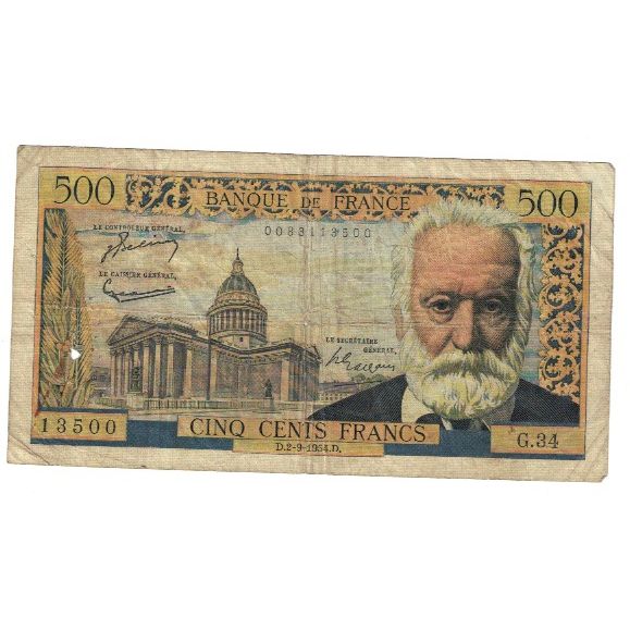 France, 500 Francs, Victor Hugo, G.34, TB, KM:133a