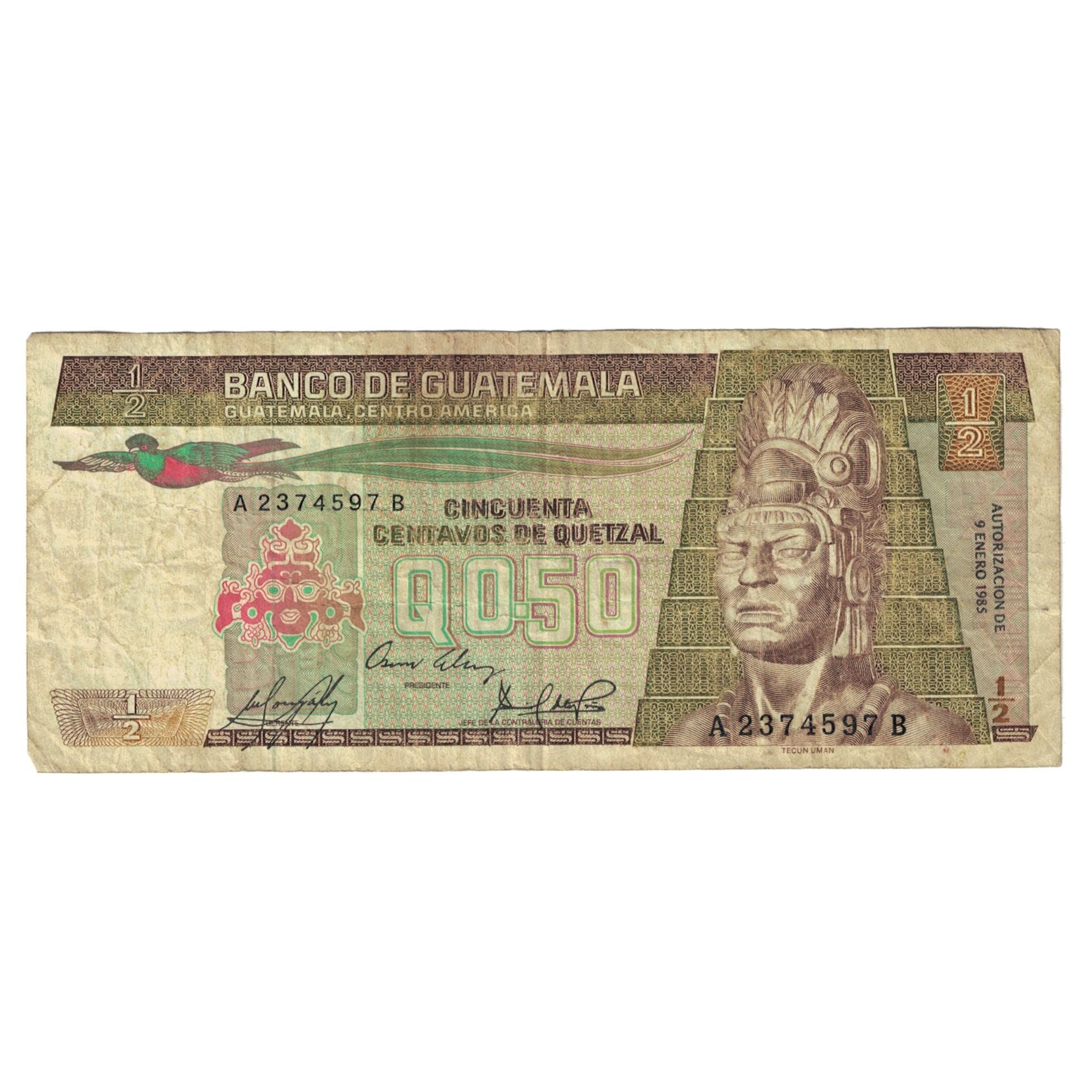 Billet, Guatemala, 1/2 Quetzal, 1985, 1985-01-09, KM:65, TB+
