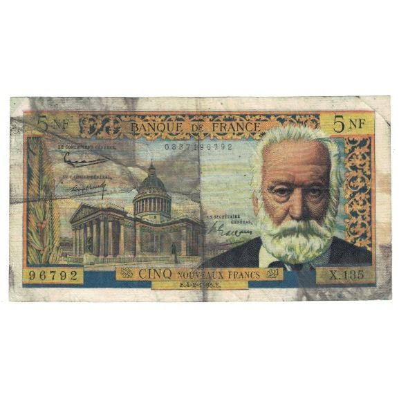 France, 5 Nouveaux Francs, Victor Hugo, 1965, X.135, VG(8-10), Fayette:56.17