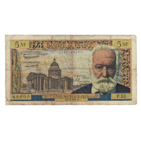 França, 5 Nouveaux Francs, Victor Hugo, 1961, P.55, VG(8-10), Fayette:56.8