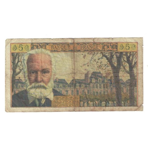 França, 5 Nouveaux Francs, Victor Hugo, 1961, P.55, VG(8-10), Fayette:56.8