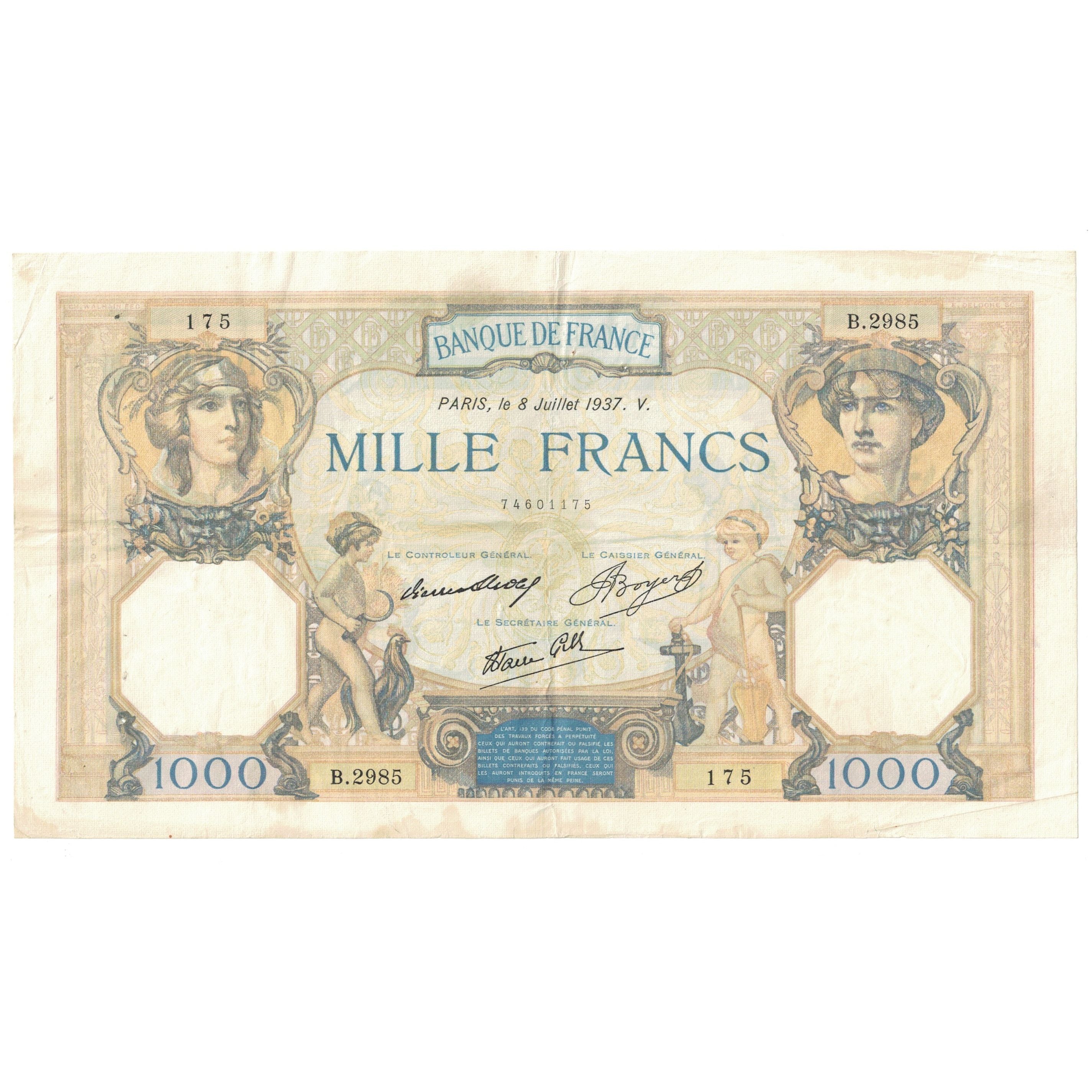 France, 1000 Francs, Cérès et Mercure, 1937, B.2985, EF(40-45), Fayette:38.1