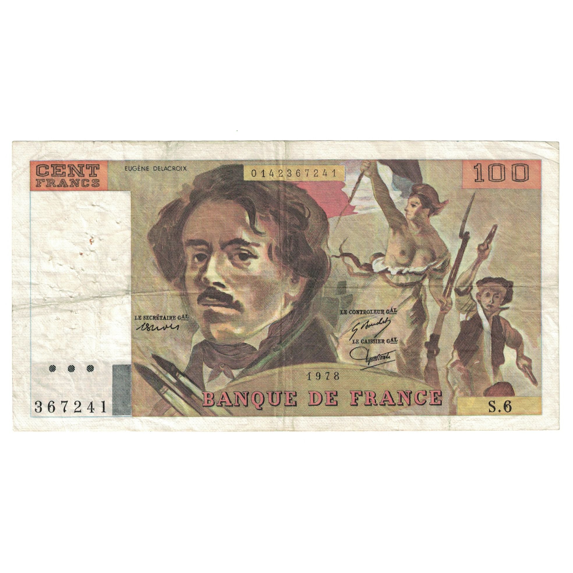 France, 100 Francs, Delacroix, 1978, S.6, VF(30-35), Fayette:69.1d, KM:154a