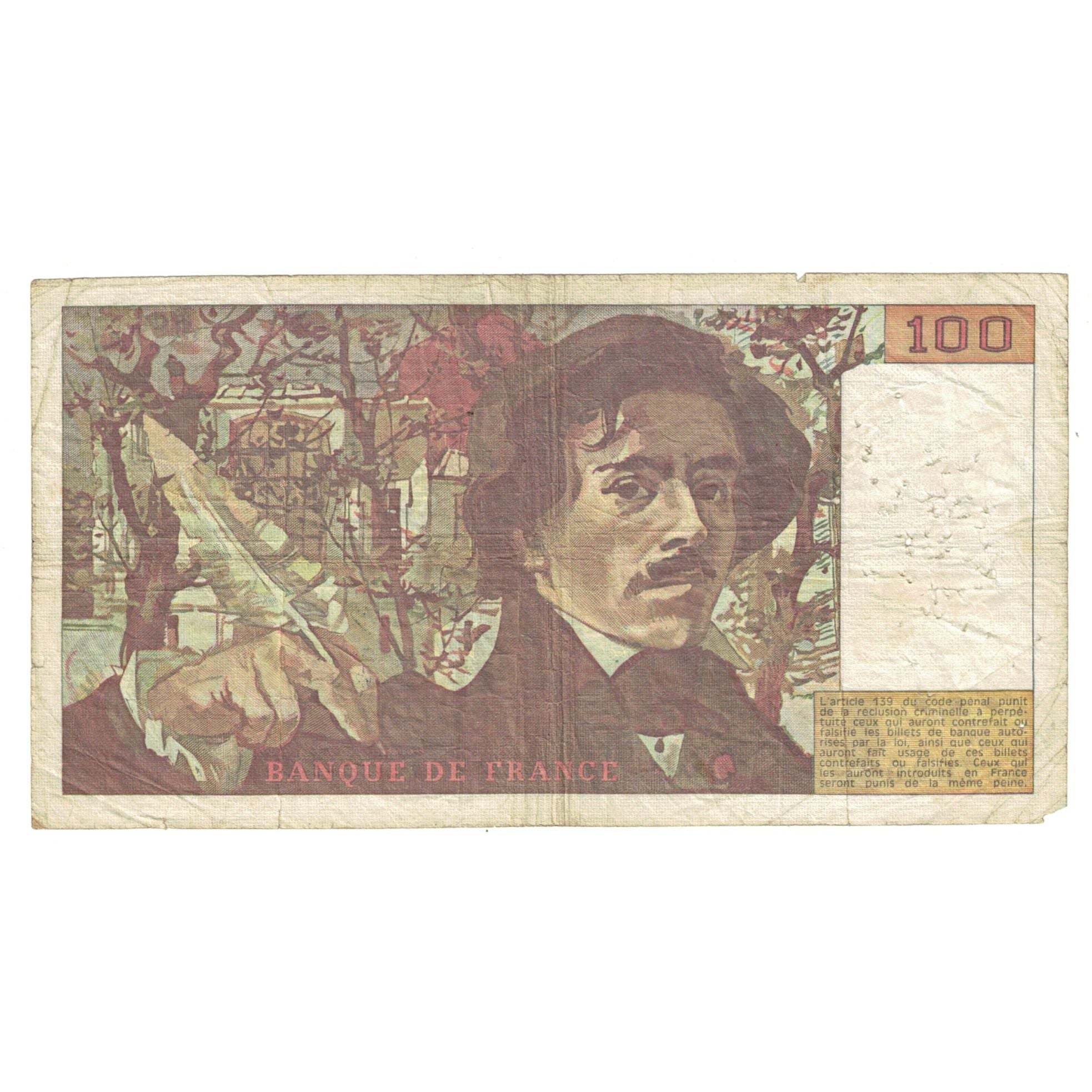 France, 100 Francs, Delacroix, 1978, X.2, F(12-15), Fayette:68.2, KM:153