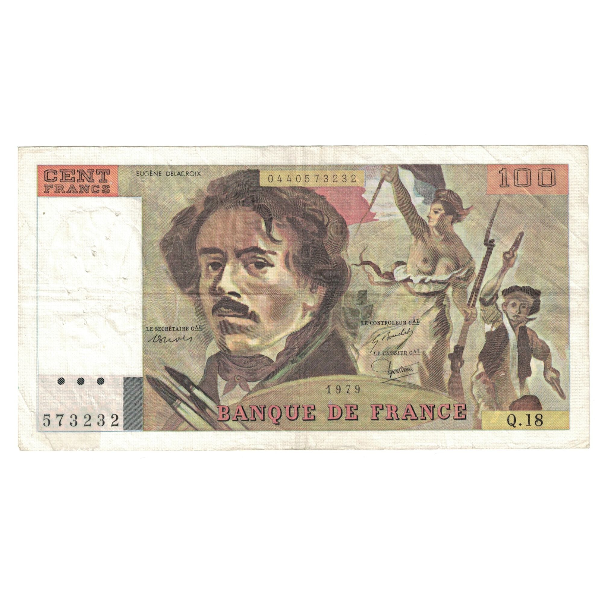 France, 100 Francs, Delacroix, 1979, Q.18, AU(50-53), Fayette:69.2c, KM:154a