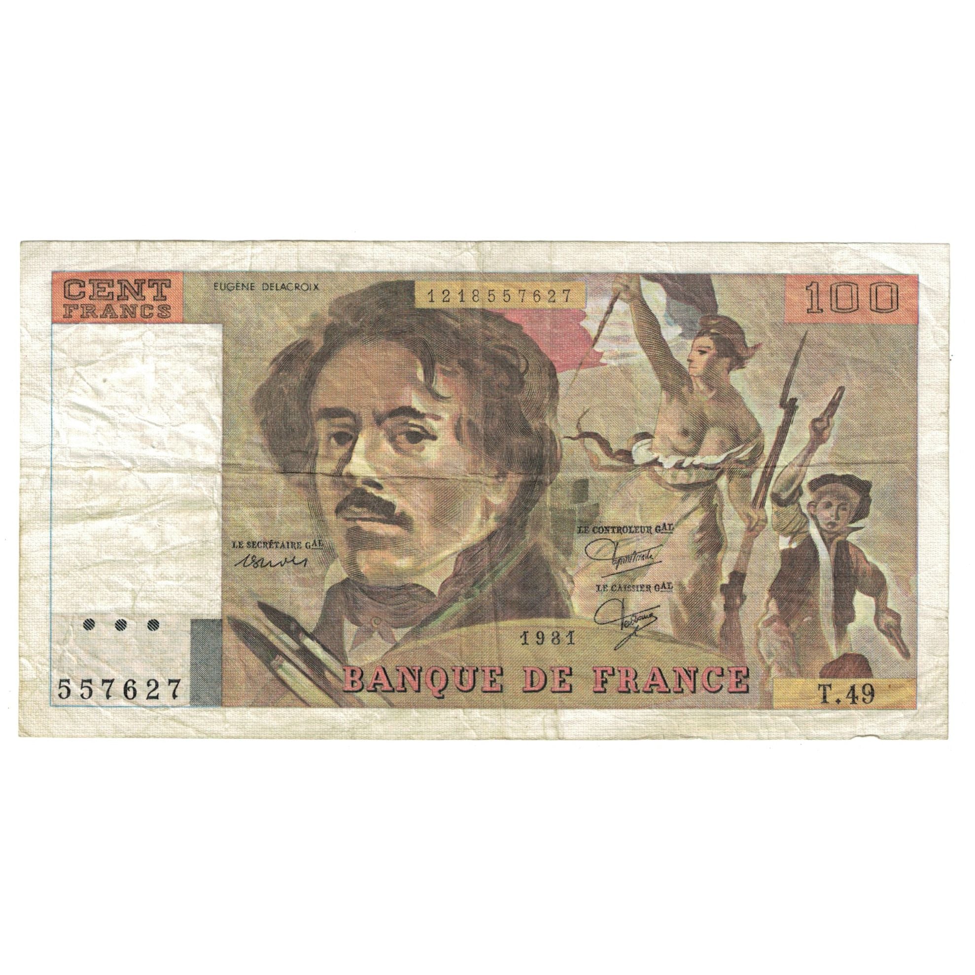 France, 100 Francs, Delacroix, 1981, T.49, VF(20-25), Fayette:69.5, KM:154b