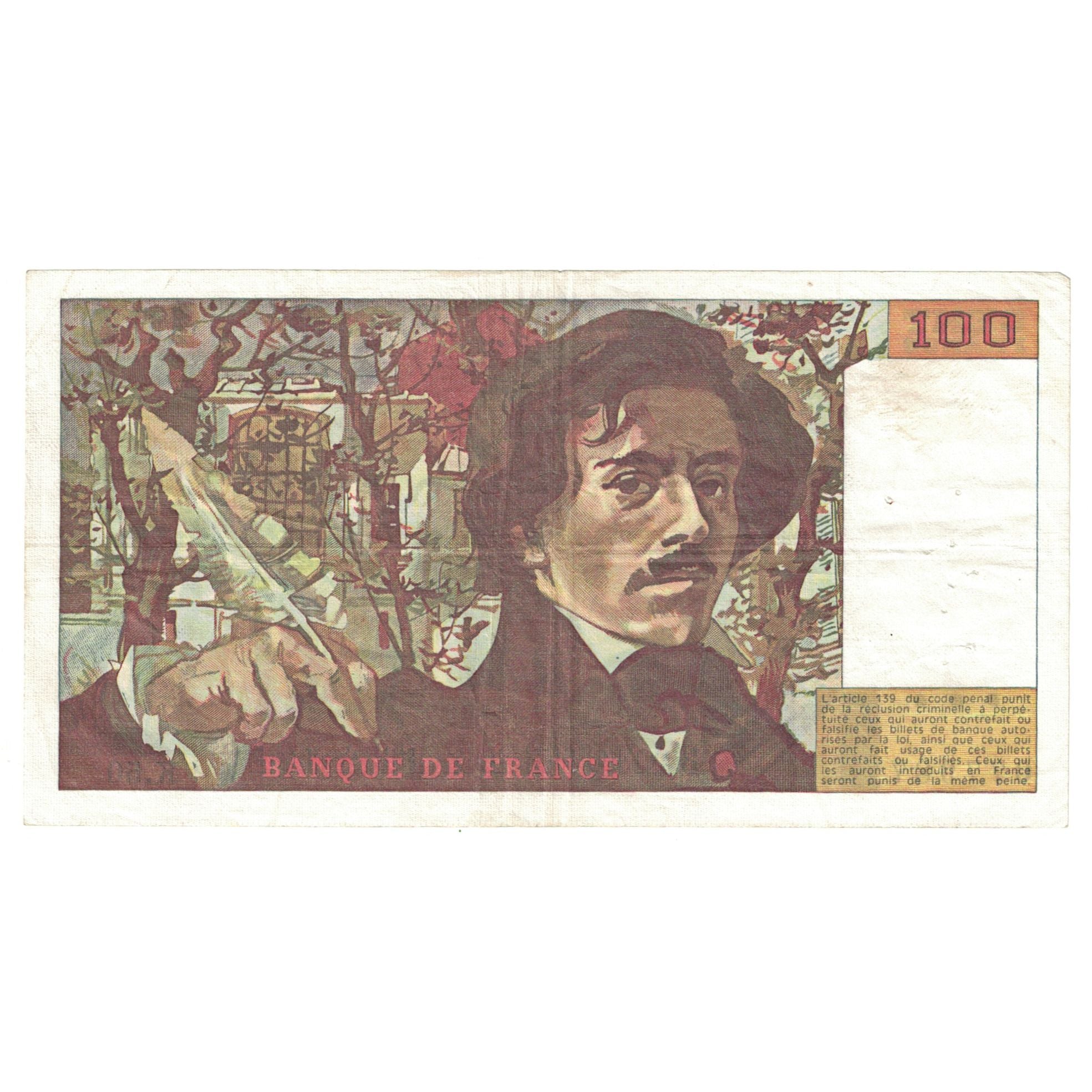 France, 100 Francs, Delacroix, 1981, K.50, AU(50-53), Fayette:69.5, KM:154b