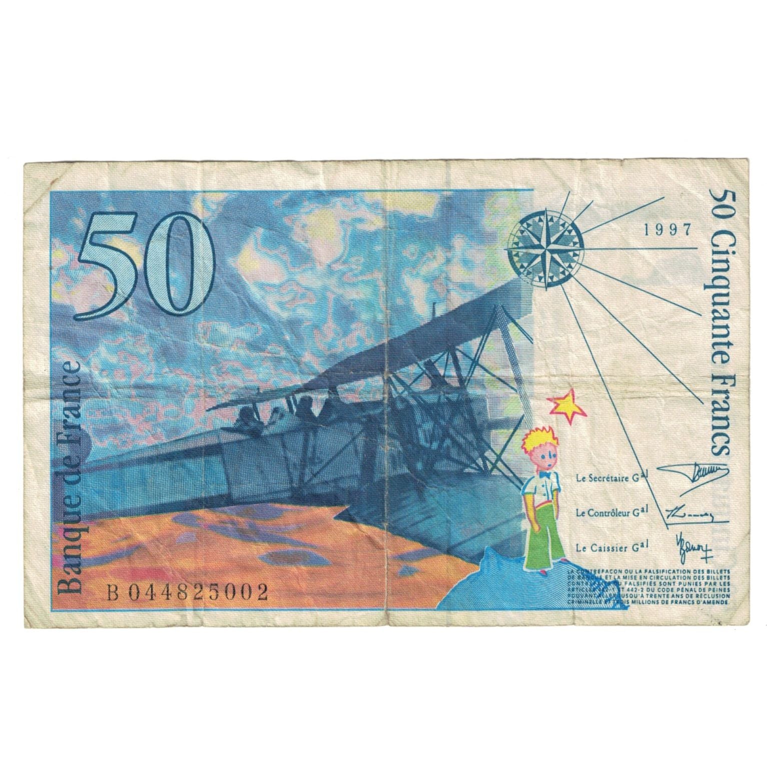 France, 50 Francs, St Exupéry, 1997, B 044825002, VF(20-25), Fayette:73.4