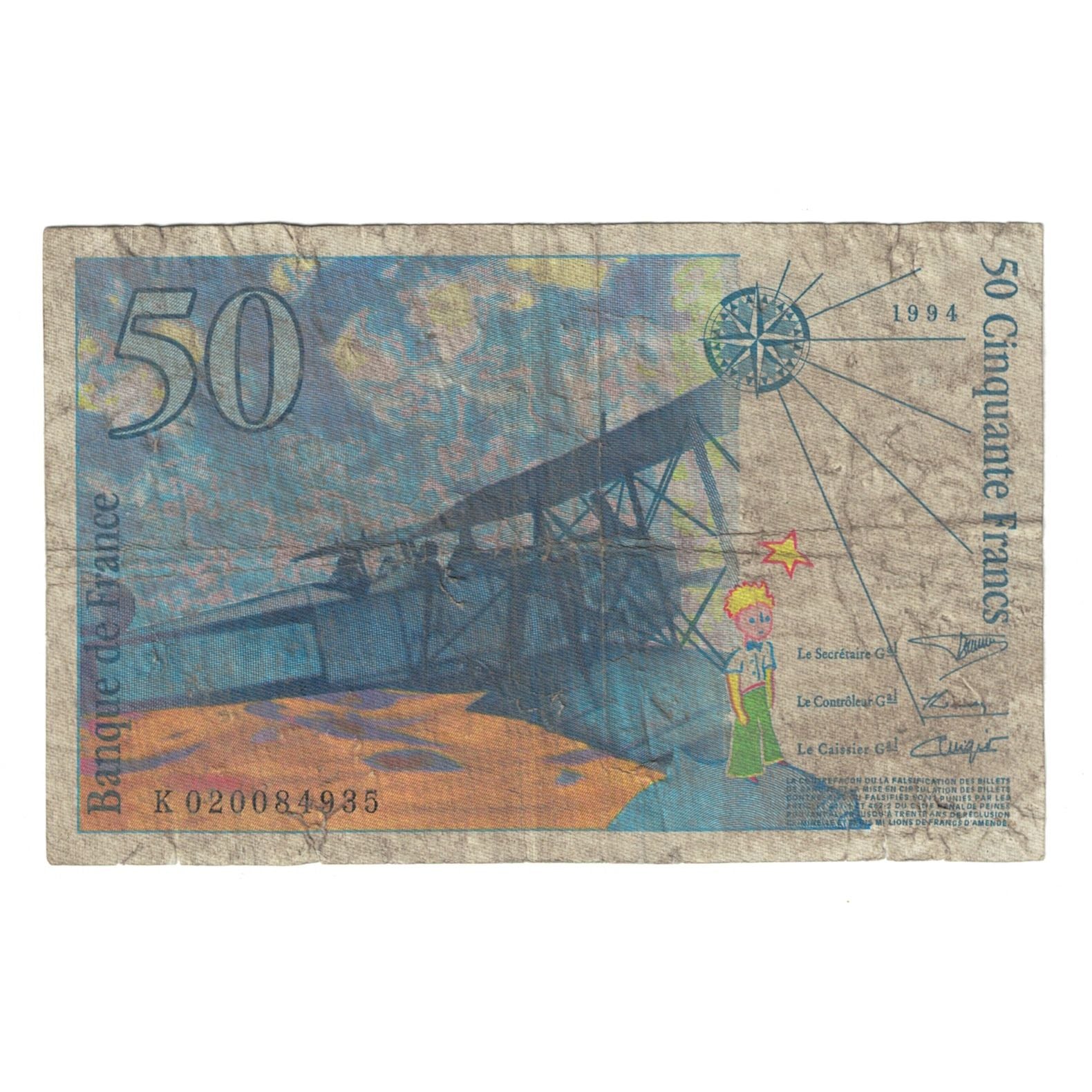 France, 50 Francs, St Exupéry, 1994, K 020084935, VG(8-10), Fayette:73.1d