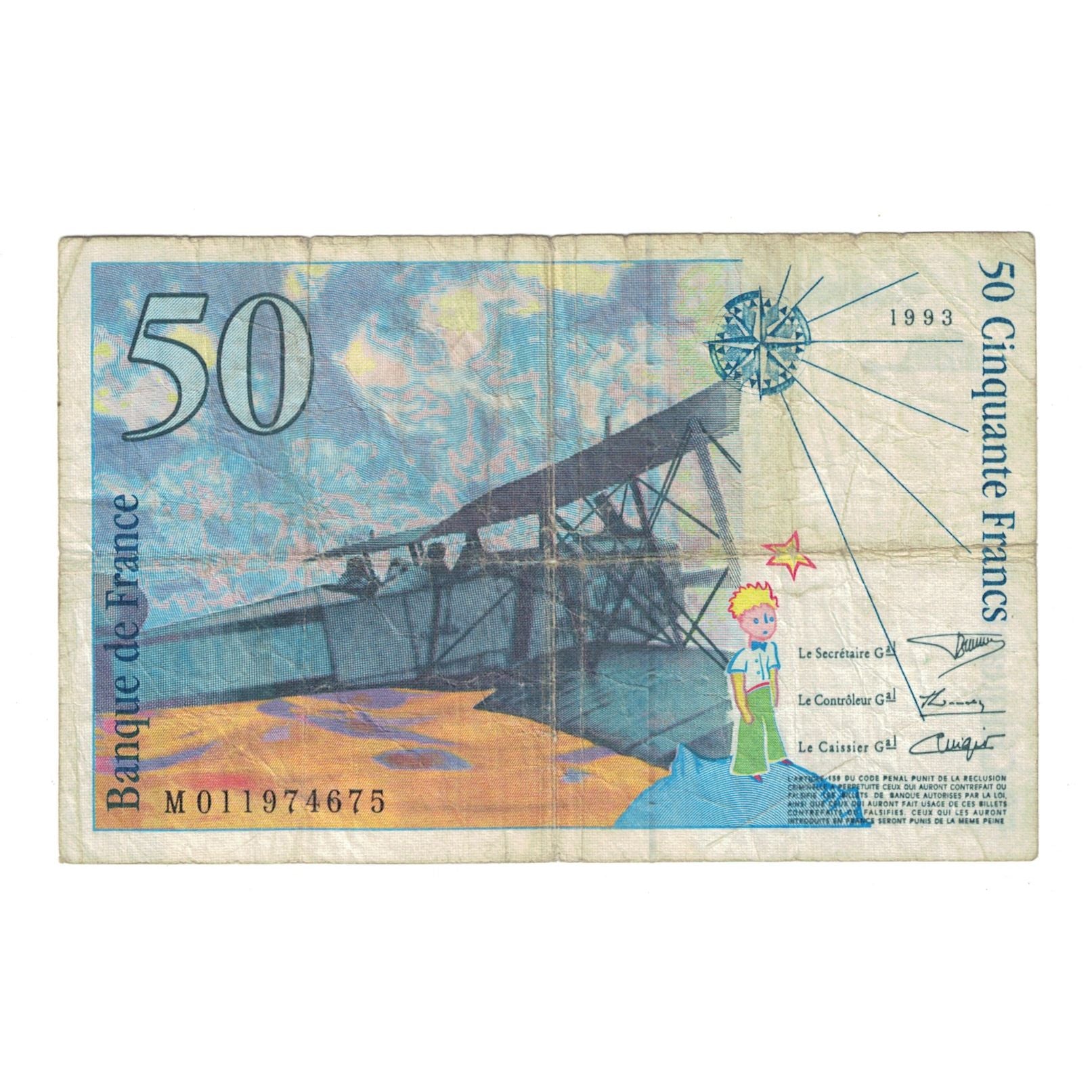 France, 50 Francs, St Exupéry, 1993, M 011974675, VF(20-25), Fayette:72.2