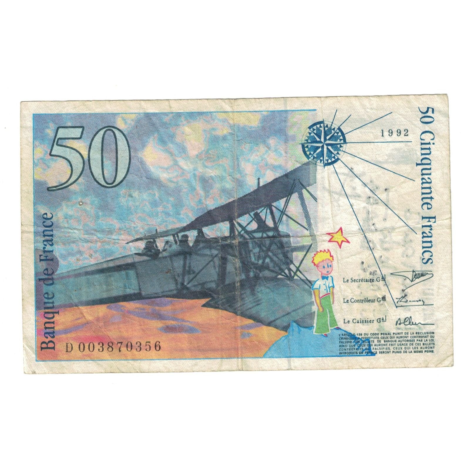 Francja, 50 Francs, St Exupéry, 1992, D 003870356, VG(8-10), Fayette:72.01aA