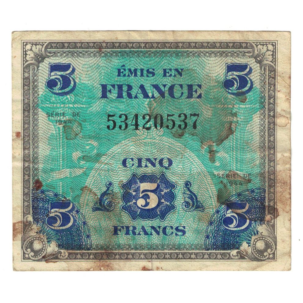 Frankrijk, 5 Francs, Flag/France, 1944, 53420537, B+, Fayette:VF17.1, KM:115a