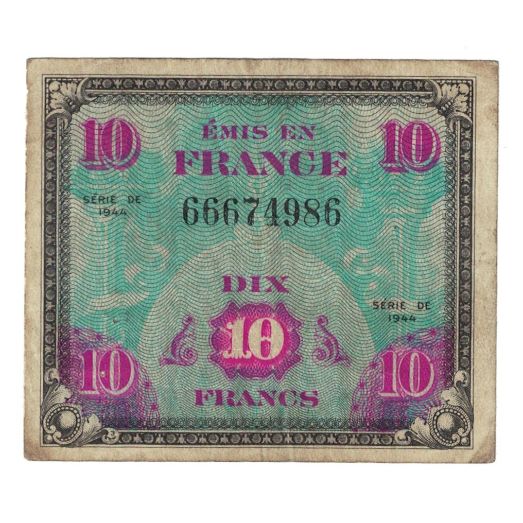 Francja, 10 Francs, Flag/France, 1944, 66674986, VF(20-25), Fayette:VF18.1