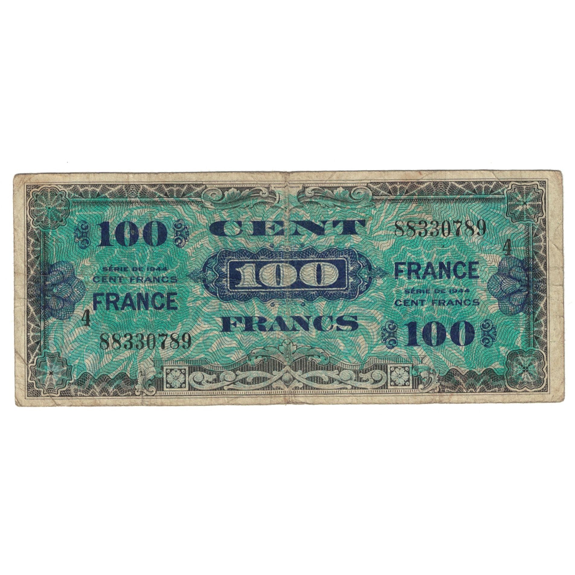 Francja, 100 Francs, Flag/France, 1944, 88330789, VF(20-25), Fayette:VF25.04