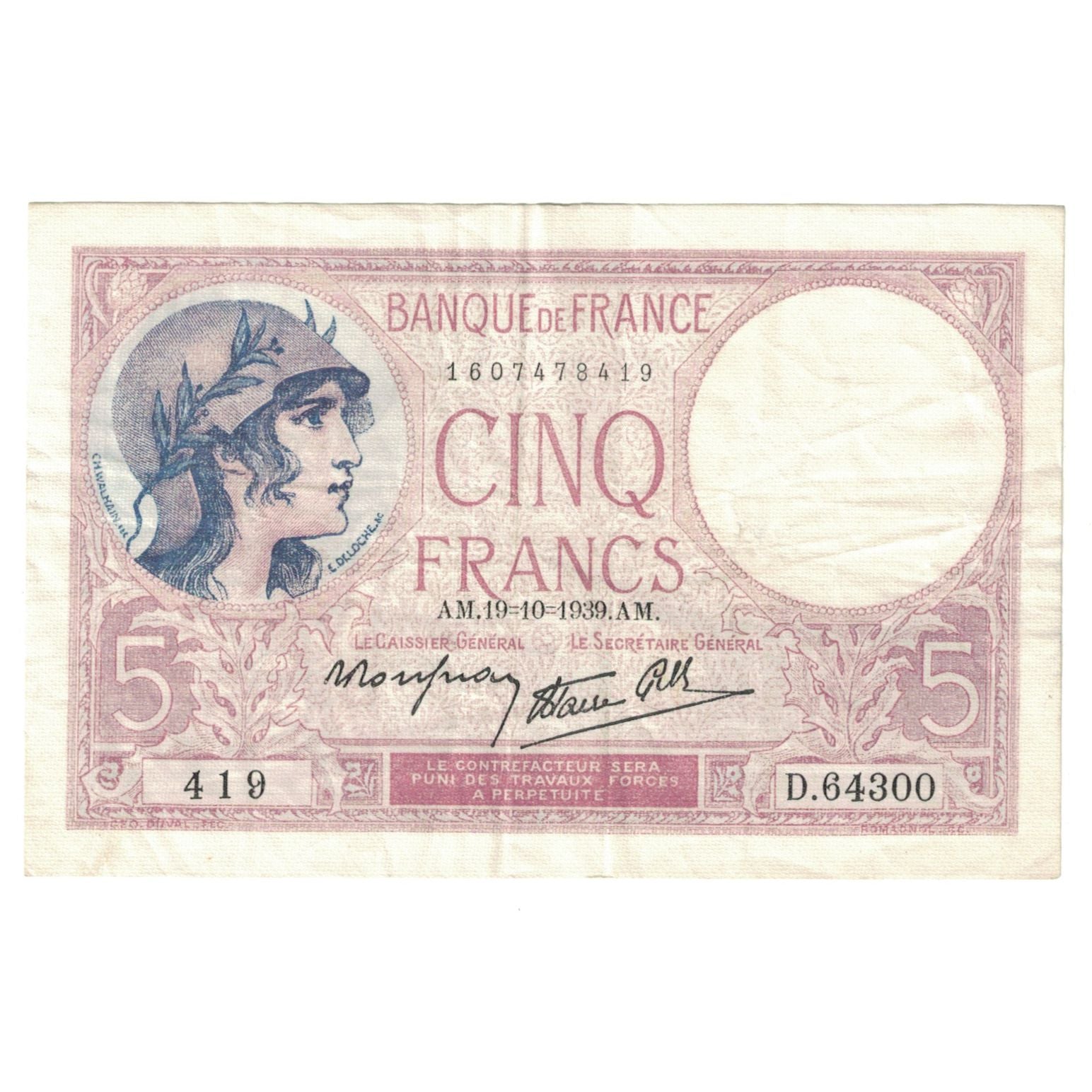 França, 5 Francs, Violet, 1939, D.64300, AU(50-53), Fayette:4.12, KM:83