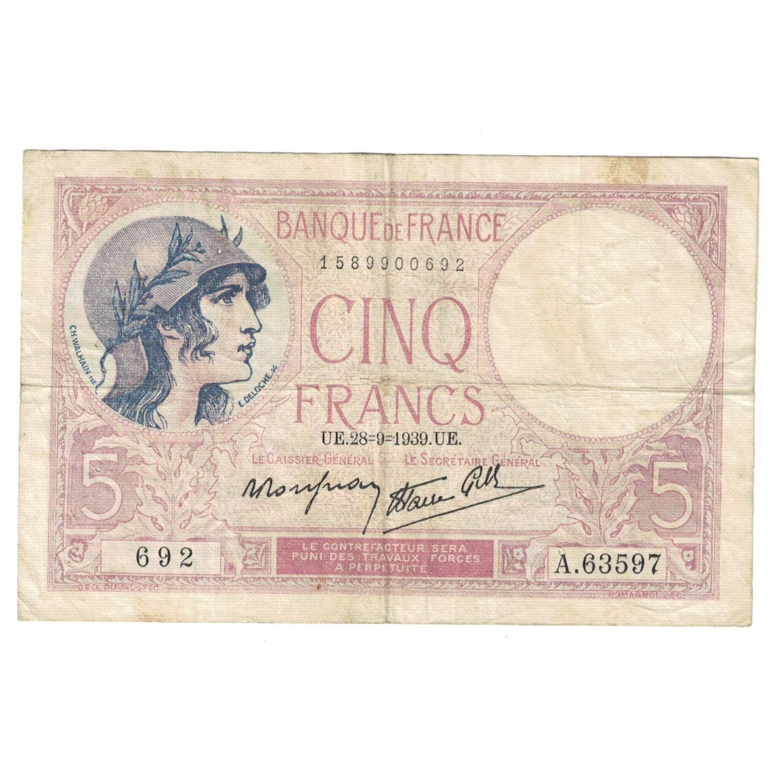 Frankreich, 5 Francs, Violet, 1939, A.63597, S+, Fayette:4.10, KM:83