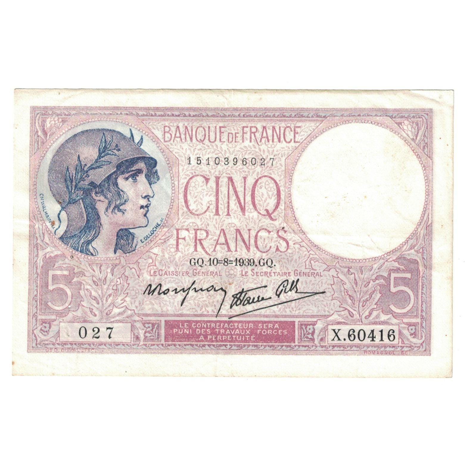 França, 5 Francs, Violet, 1939, X.60416, AU(55-58), Fayette:4.5, KM:83