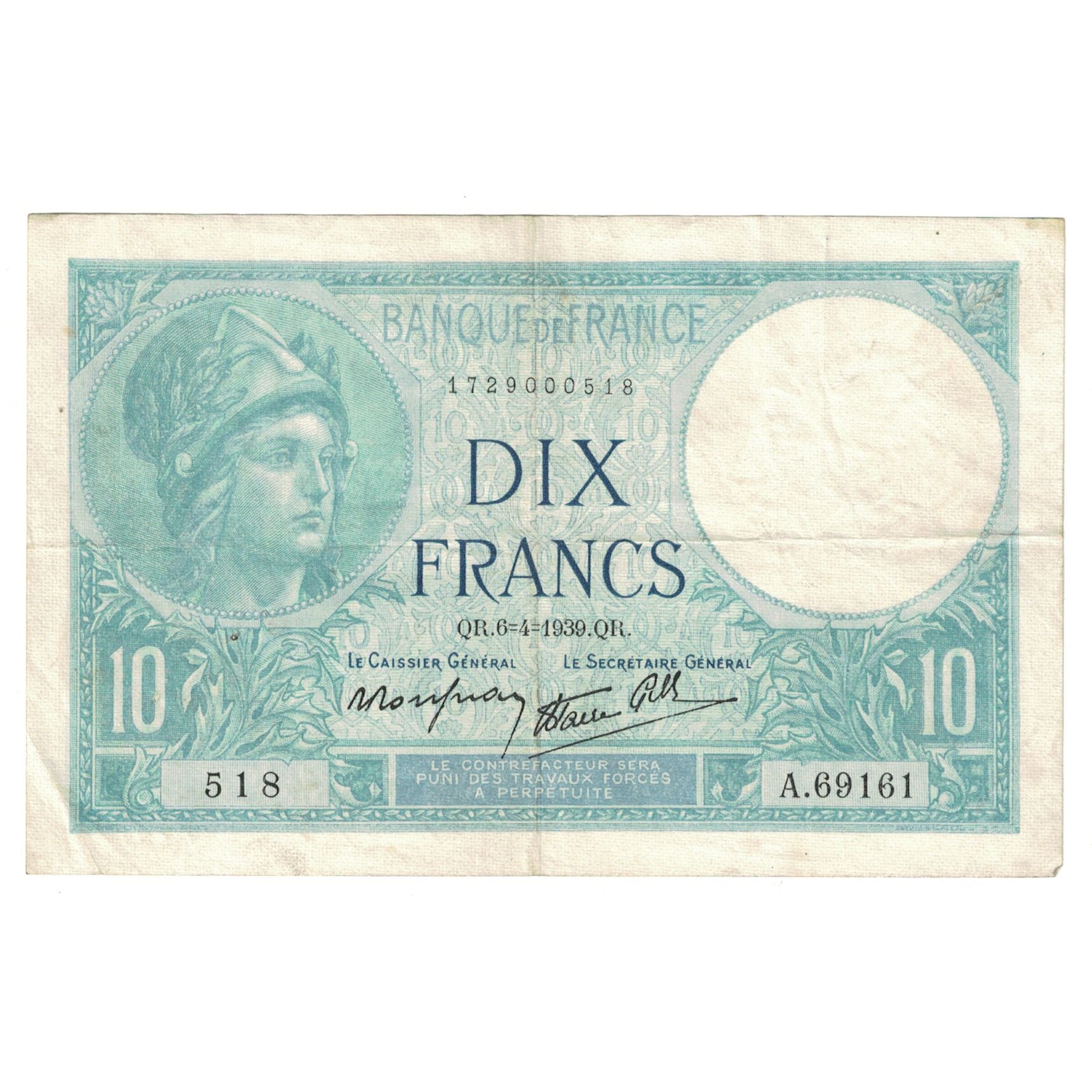 Francja, 10 Francs, Minerve, 1939, A.69161, EF(40-45), Fayette:7.2, KM:84