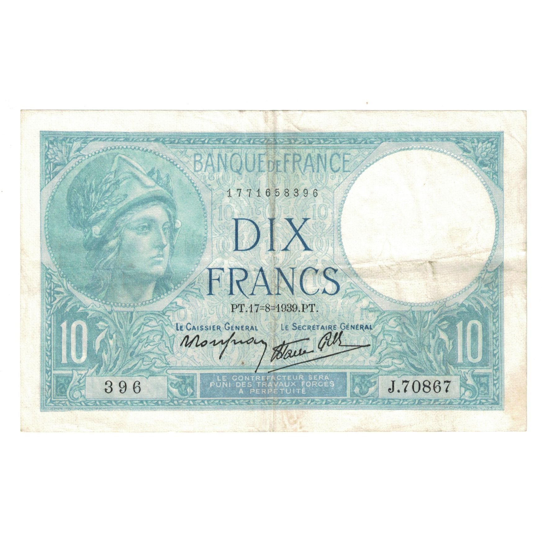 France, 10 Francs, Minerve, 1939, J.07867, TTB, Fayette:7.5, KM:84