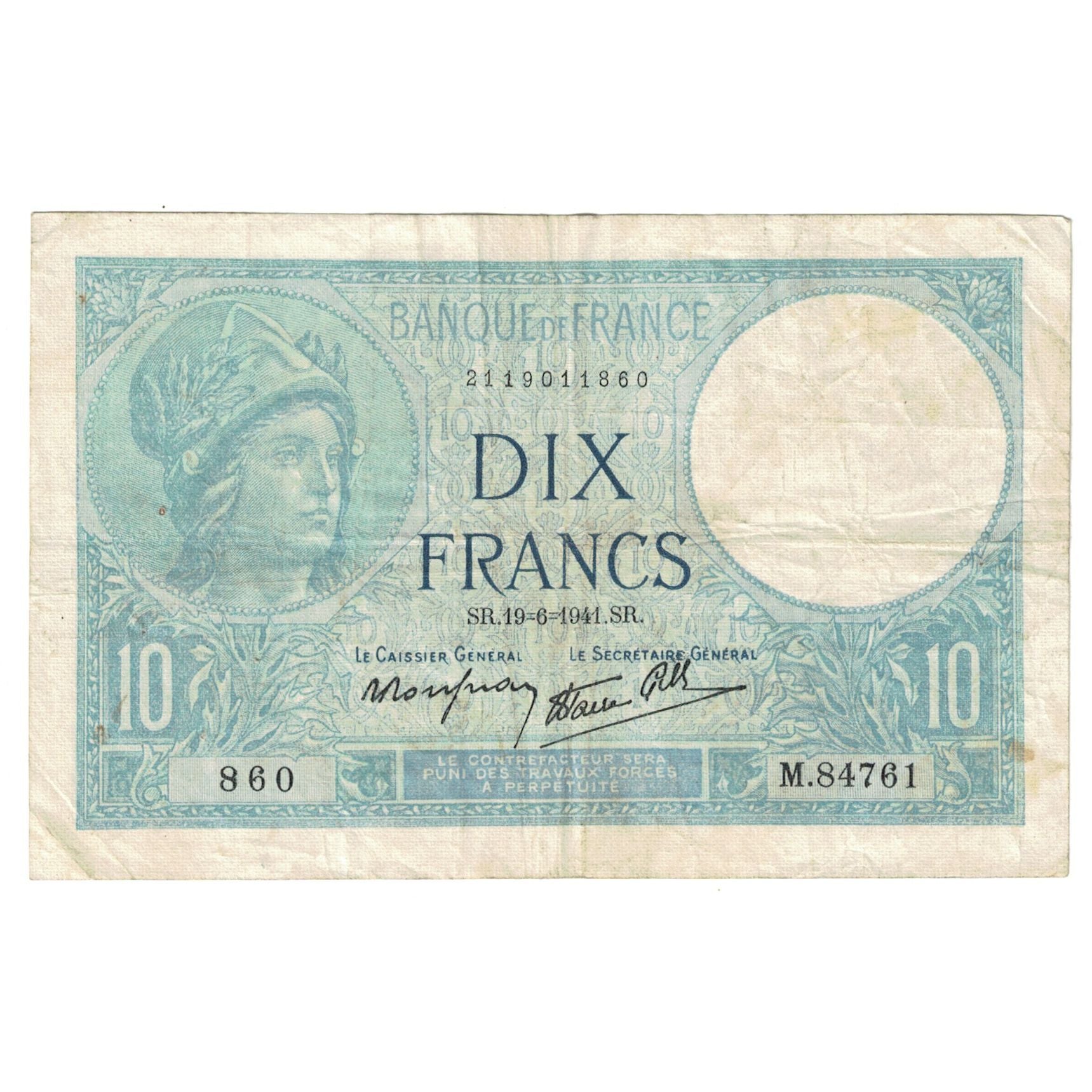 Frankrijk, 10 Francs, Minerve, 1941, M.84761, TTB, Fayette:7.29, KM:84