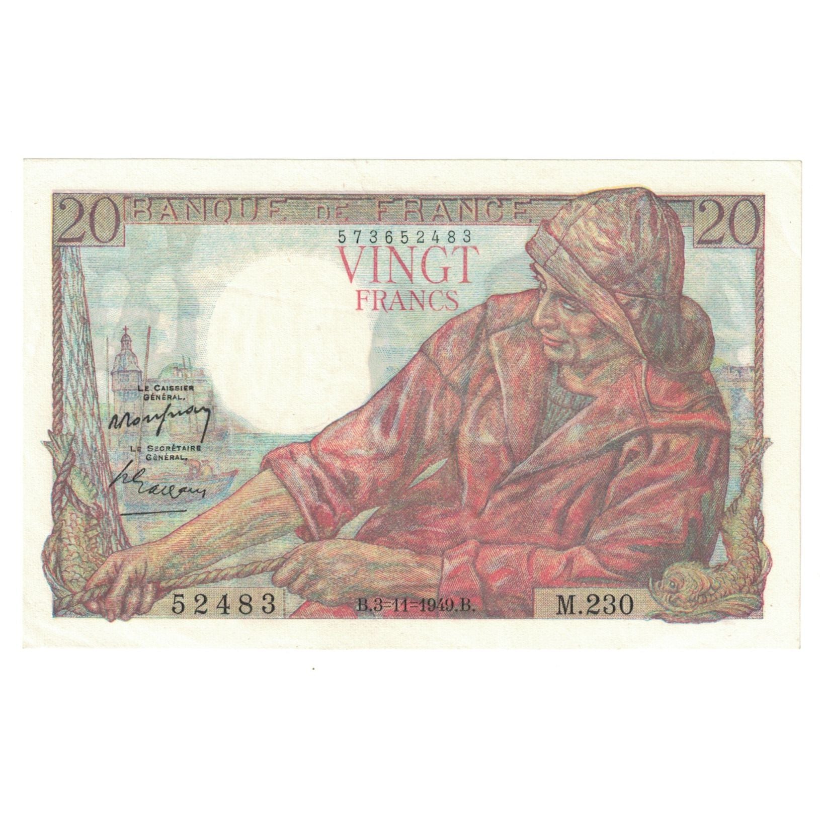 France, 20 Francs, Pêcheur, 1949, M.230, AU(55-58), Fayette:13.16, KM:100c
