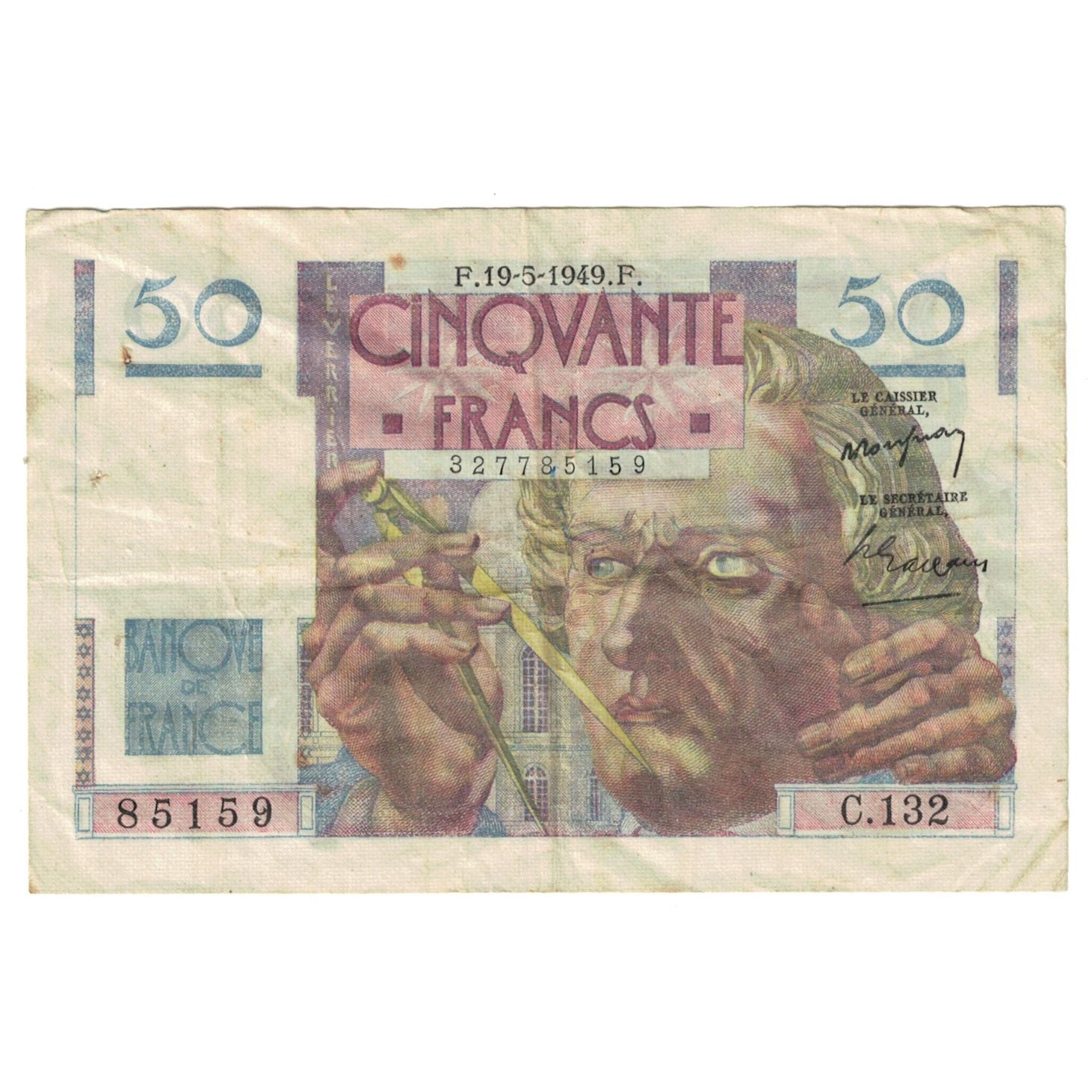 Francja, 50 Francs, Le Verrier, 1949, C.132, VF(20-25), Fayette:20.12, KM:127b