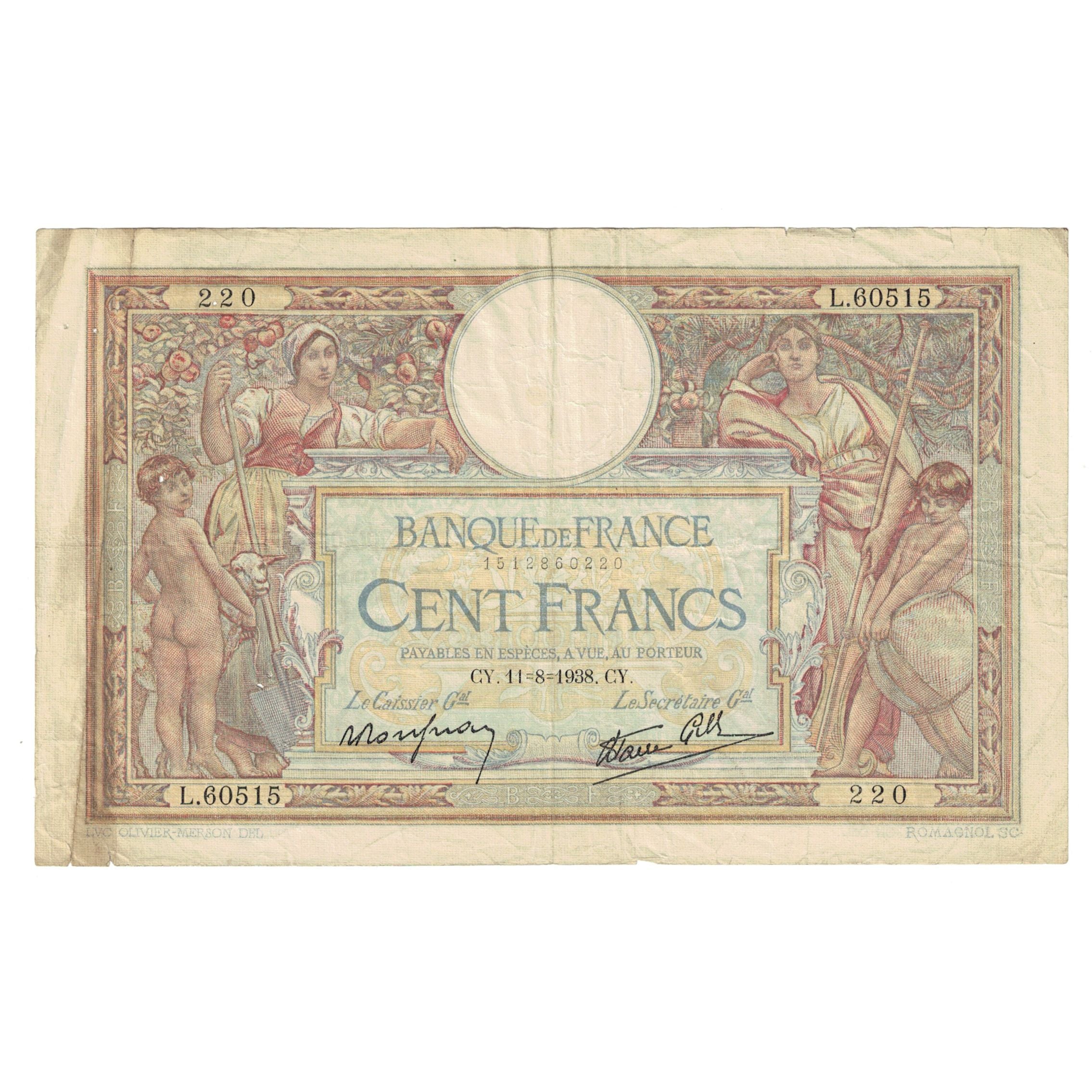 France, 100 Francs, Luc Olivier Merson, 1938, L.60515, TB, Fayette:25.28, KM:86b