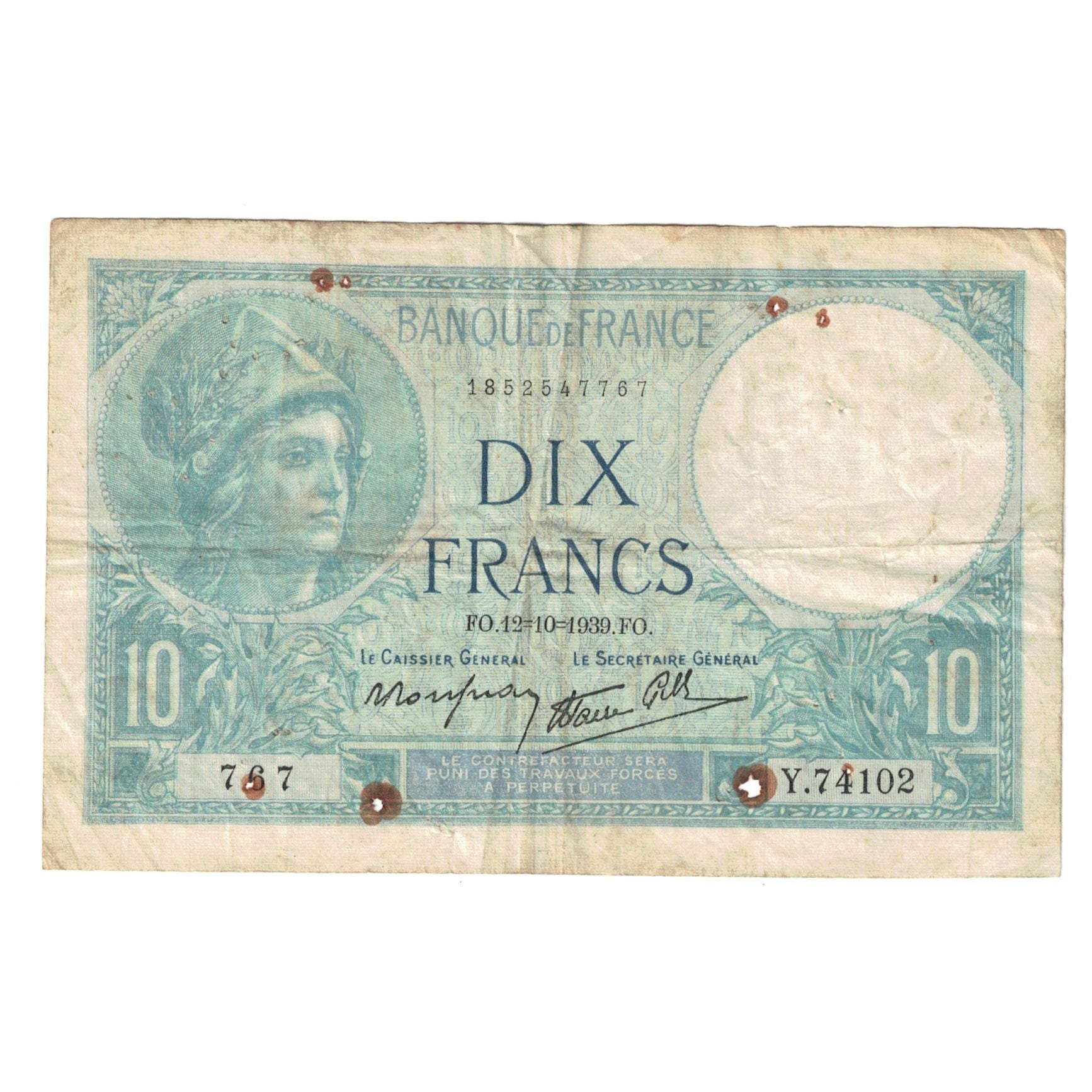France, 10 Francs, Minerve, 1939, Y.74102, B, Fayette:07.11, KM:84