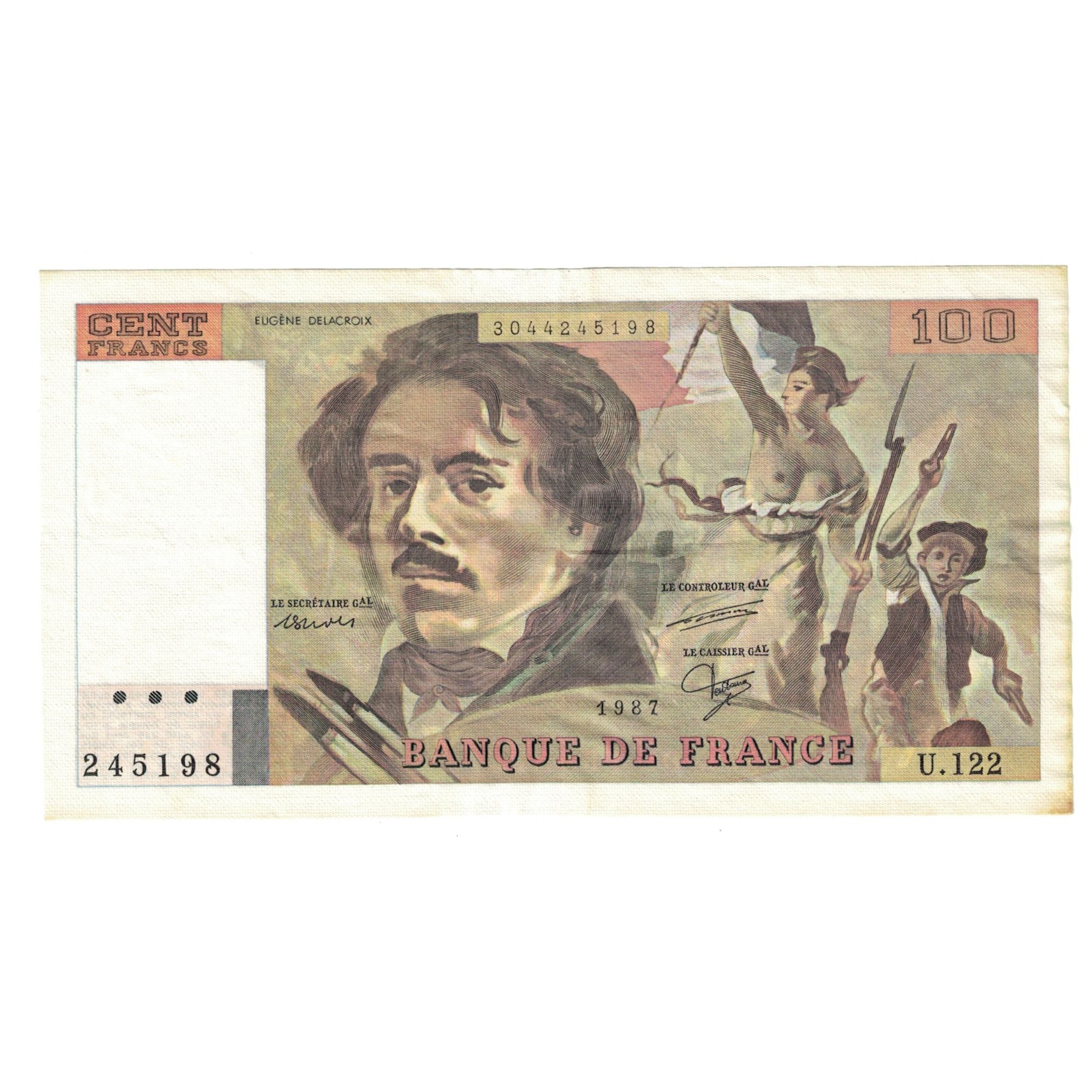 Francja, 100 Francs, Delacroix, 1987, U.122, AU(55-58), Fayette:69.11, KM:154c