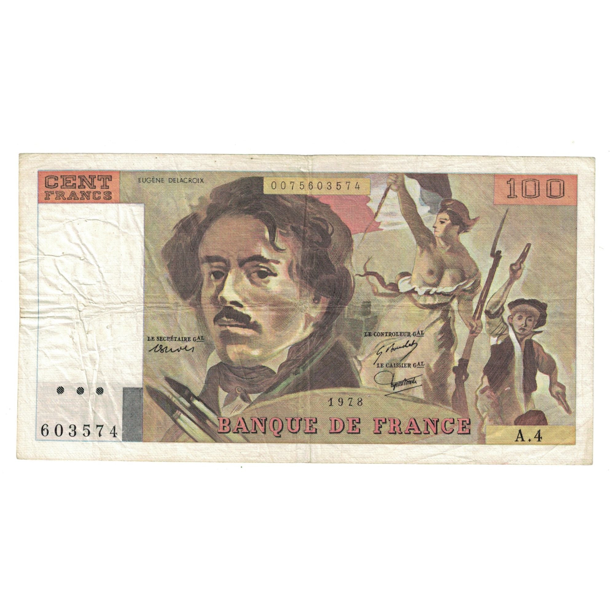 France, 100 Francs, Delacroix, 1978, A.4, EF(40-45), Fayette:69.01c, KM:154a