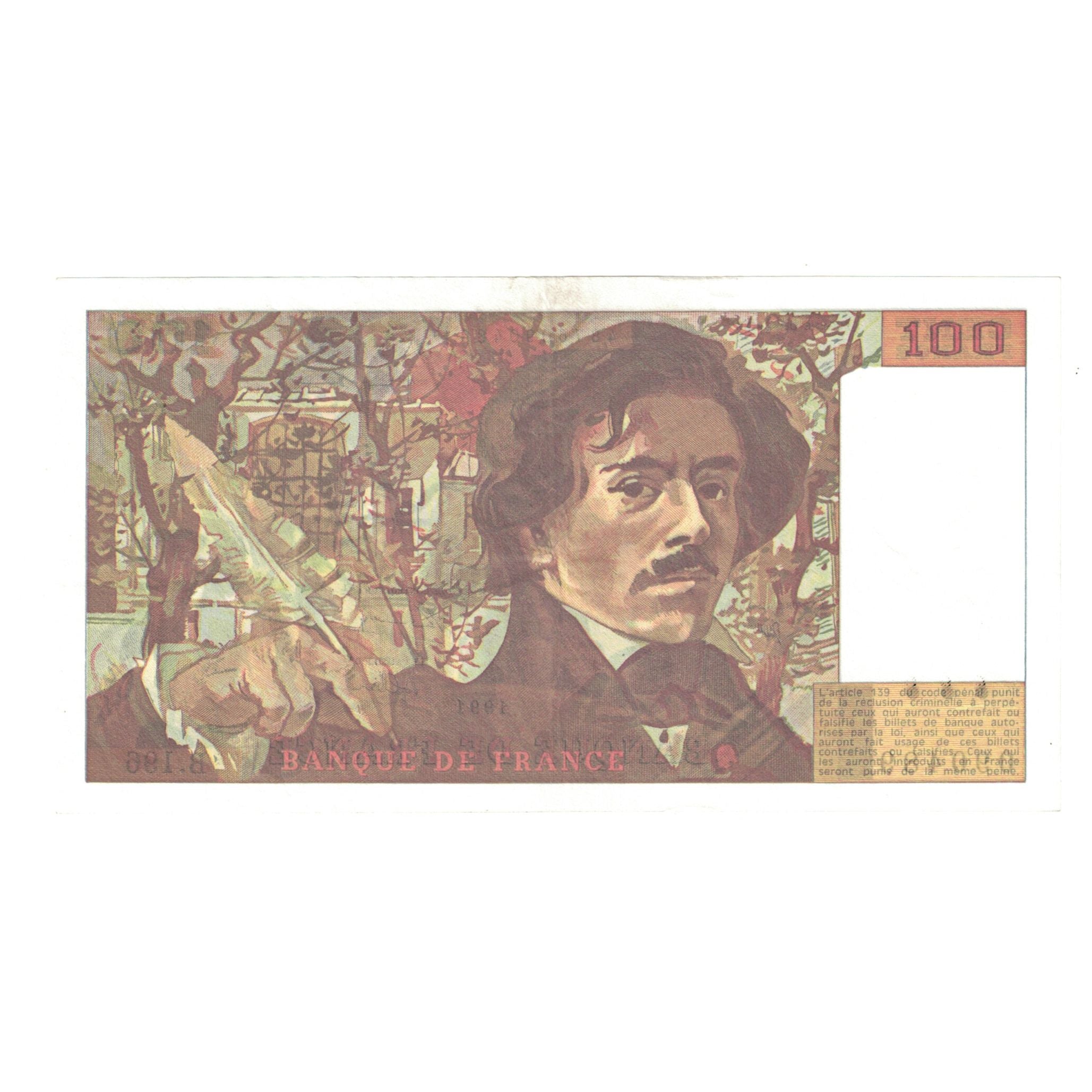 France, 100 Francs, Delacroix, 1991, B.196, AU(55-58), Fayette:69bis04a, KM:154f